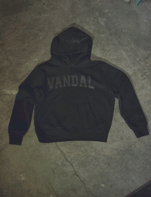 Vandals Varsity Hoodie in black, flat lay
